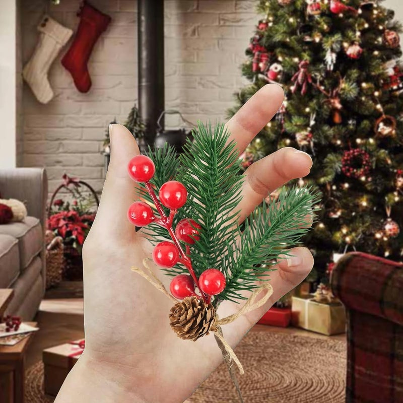 KFJBPB 6 Pcs Artificial Christmas Picks 7 Inch, Holly Berry Stems Pine Cones Pine Stems Holly Leaves Xmas Tree Picks for Crafts Christmas Floral Arrangements Wreath Winter Holiday Decorations (6) - Image 3